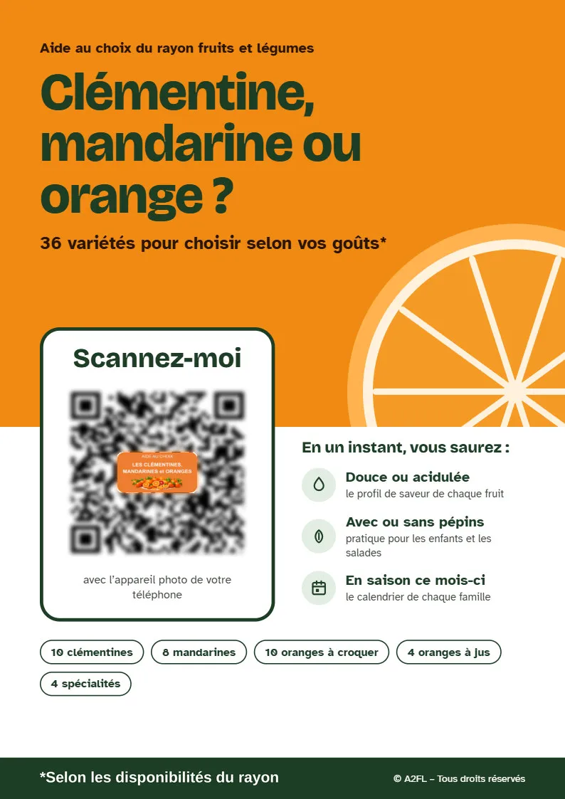 Affiche d'aide au choix « Clémentine, mandarine ou orange ? »