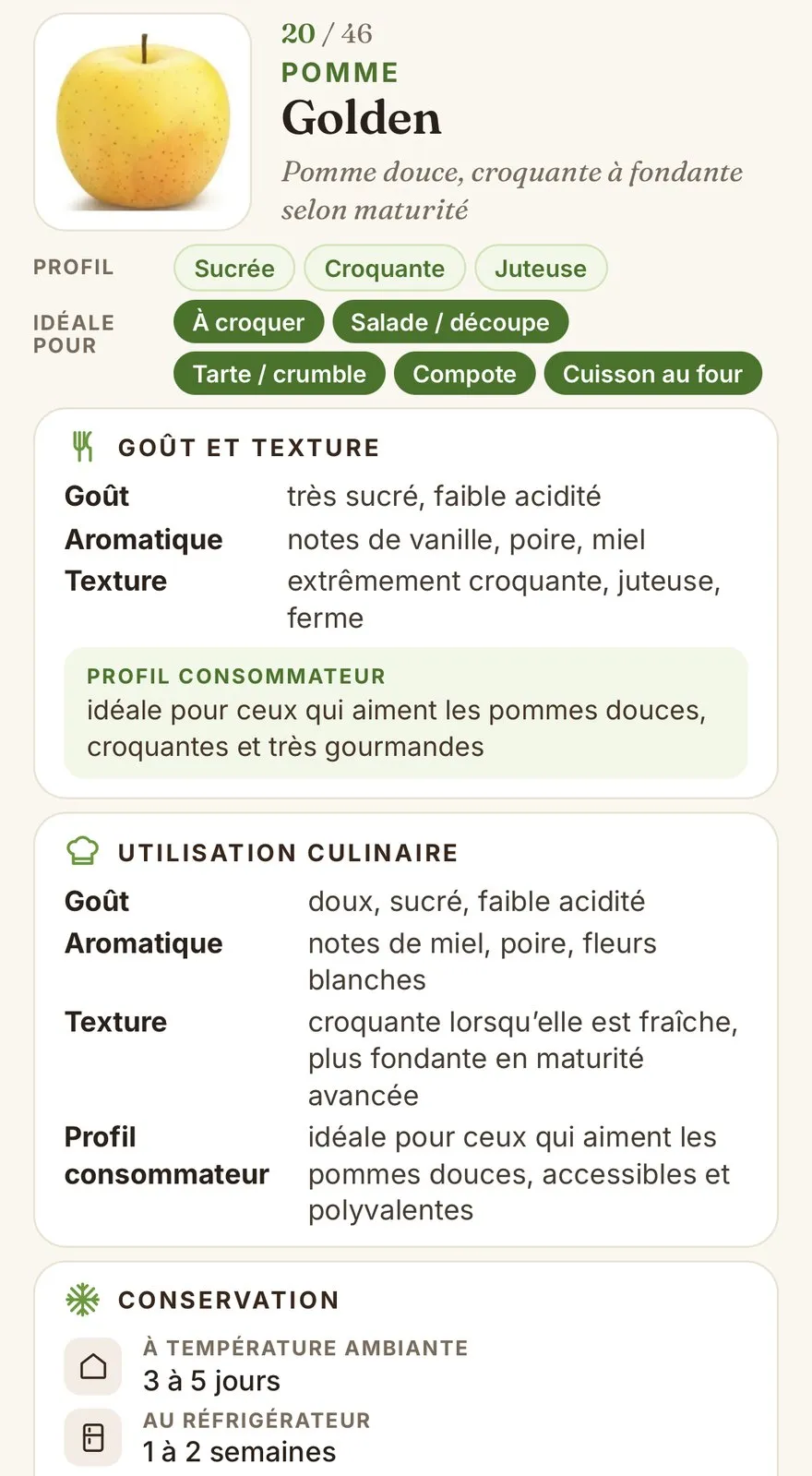 La fiche de la pomme Golden dans le guide des pommes : profil, usages, goût et texture, utilisation culinaire et conservation