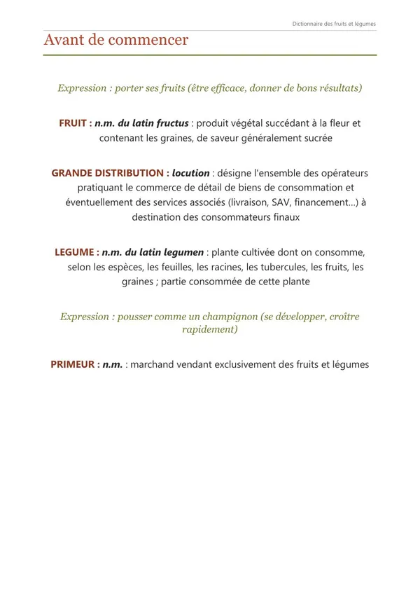 Page de l'aperçu du dictionnaire : Avant de commencer.