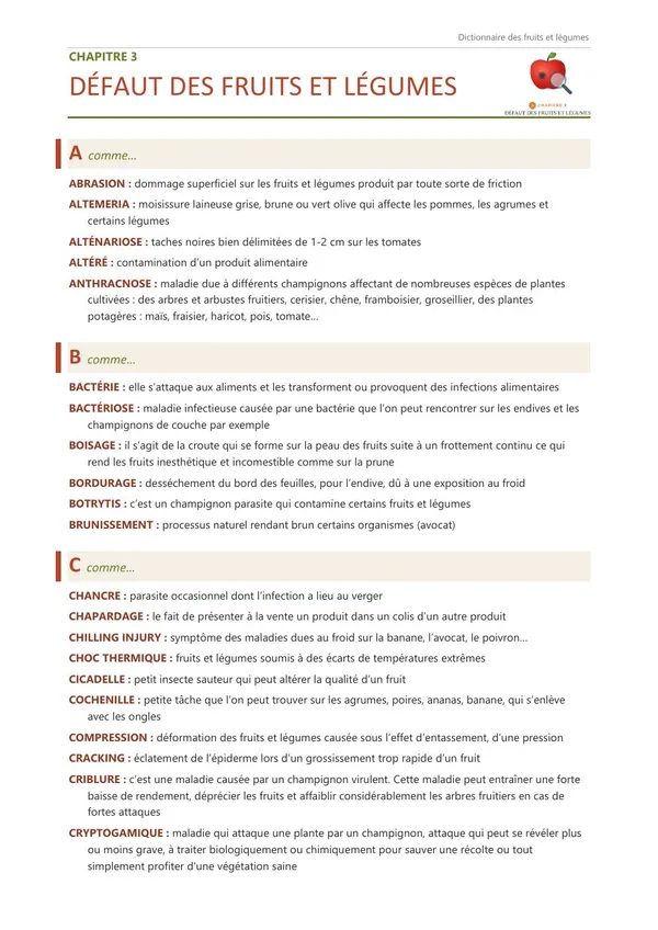 Première page du chapitre 3, Défaut des fruits et légumes, qui commence par : abrasion, altemeria, alténariose…