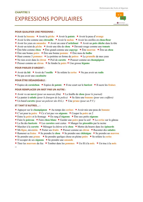 Première page du chapitre 5, Expressions populaires, avec ses premières définitions.