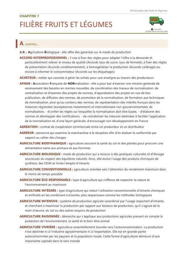 Première page du chapitre 7, Filière fruits et légumes, avec ses premières définitions.