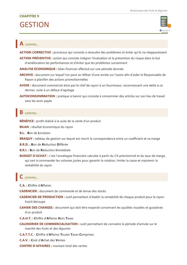Première page du chapitre 9, Gestion, qui commence par : action corrective, action préventive, analyse économique…