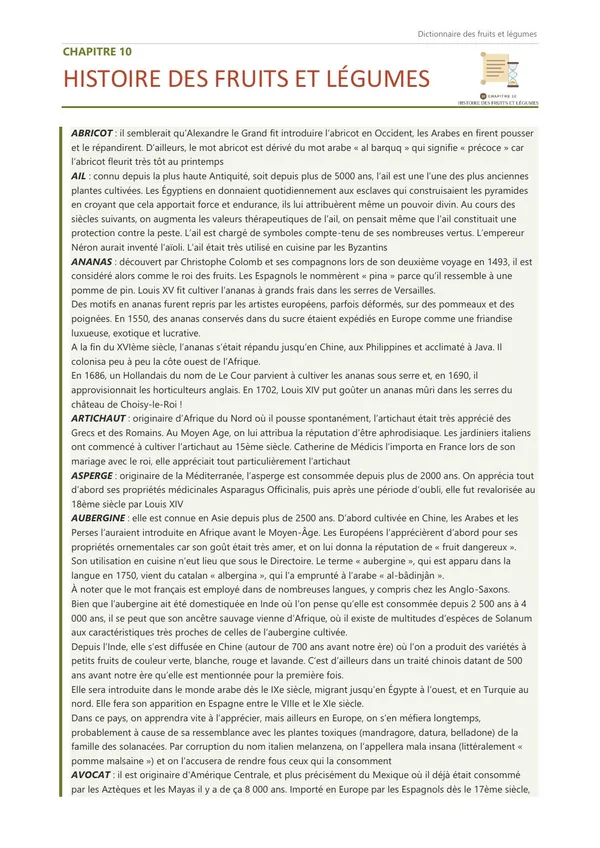 Première page du chapitre 10, Histoire des fruits et légumes, qui commence par : abricot, ail, ananas…