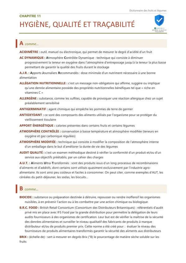 Première page du chapitre 11, Hygiène, qualité et traçabilité, avec ses premières définitions.