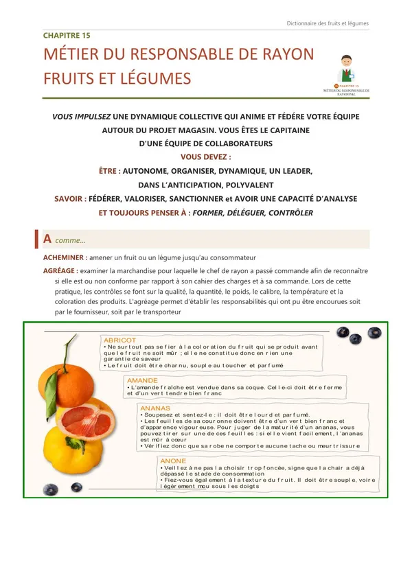 Première page du chapitre 15, Métier du responsable de rayon F&L, avec ses premières définitions.