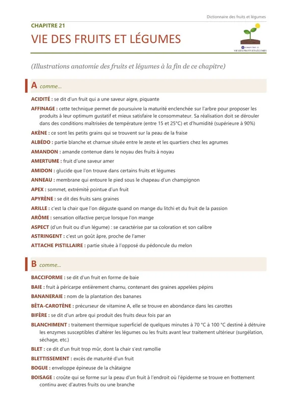 Première page du chapitre 21, Vie des fruits et légumes, qui commence par : acidité, affinage, akène…