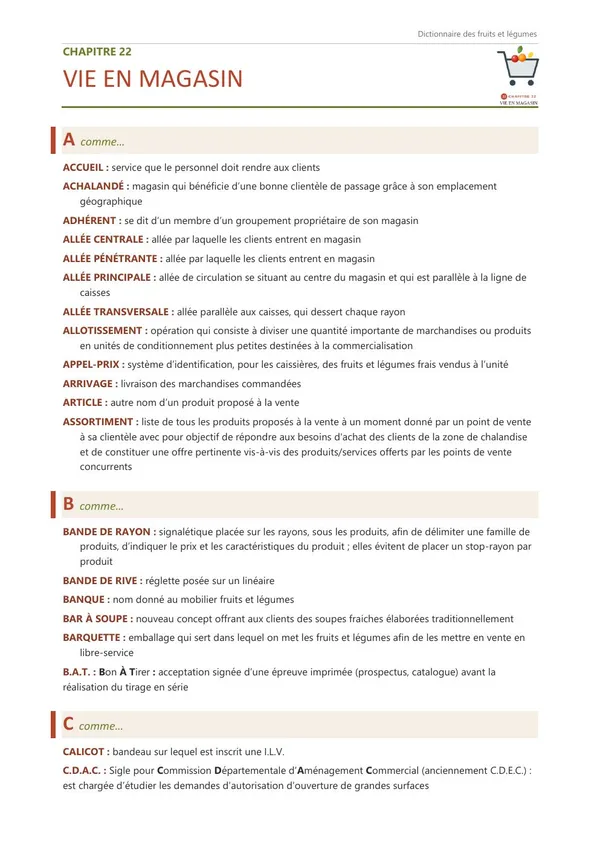 Première page du chapitre 22, Vie en magasin, qui commence par : accueil, achalandé, adhérent…