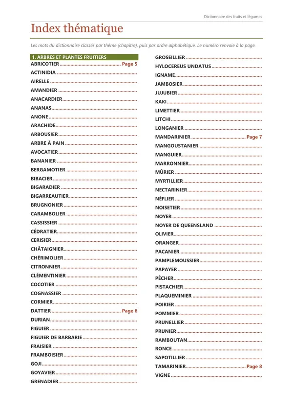 Page de l'aperçu du dictionnaire : Index thématique.