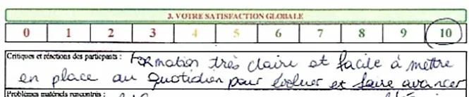 Questionnaire prescripteur : satisfaction globale entourée à 10 sur 10, commentaire retranscrit ci-dessous