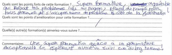 Fiche d'appréciation manuscrite d'un stagiaire, retranscrite ci-dessous