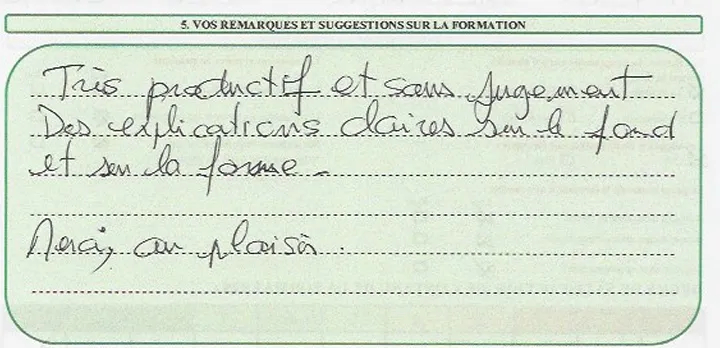 Remarques manuscrites d'un stagiaire sur la formation, retranscrites ci-dessous